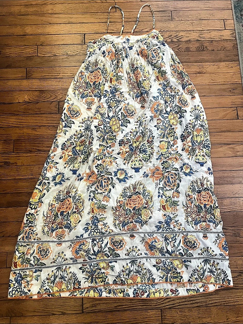 Anthropologie Floral Maxi Dress Cream & Blue Medium
